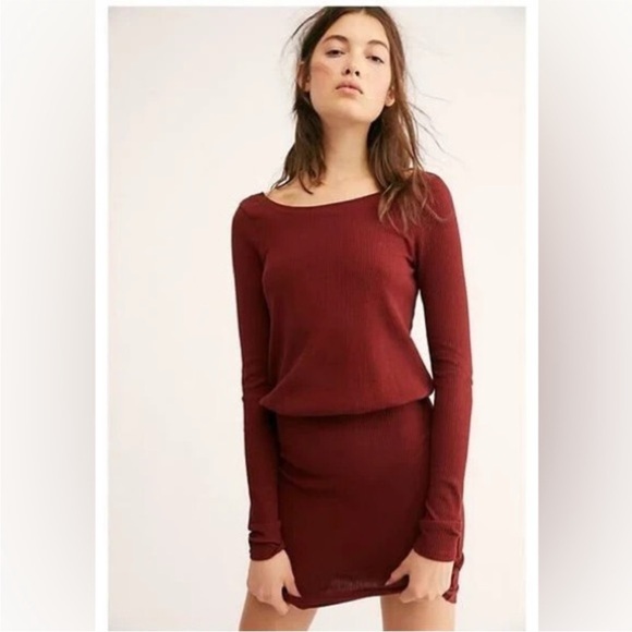 Free People Beach Rustic Red On The Rooftop Long Sleeve Mini Dress Burgundy - Picture 10 of 10